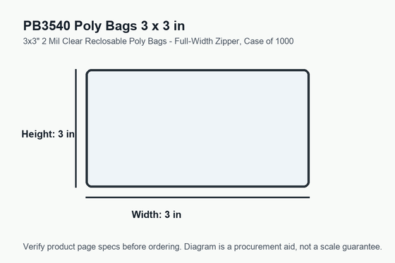 PB3540 dimension diagram showing 3 x 3 inch poly bags.
