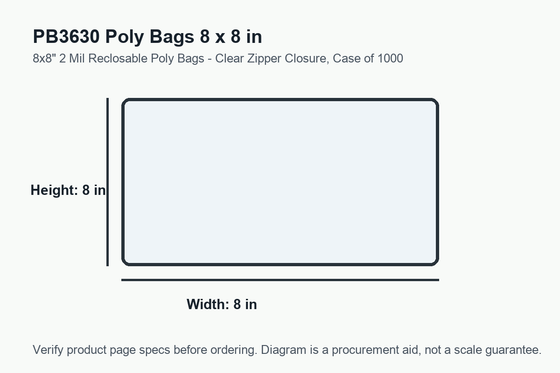 PB3630 dimension diagram showing 8 x 8 inch poly bags.
