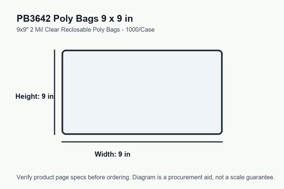 PB3642 dimension diagram showing 9 x 9 inch poly bags.