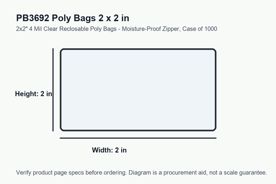 PB3692 dimension diagram showing 2 x 2 inch poly bags.