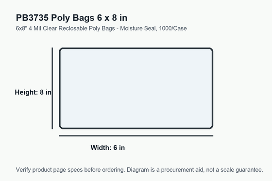 PB3735 dimension diagram showing 6 x 8 inch poly bags.