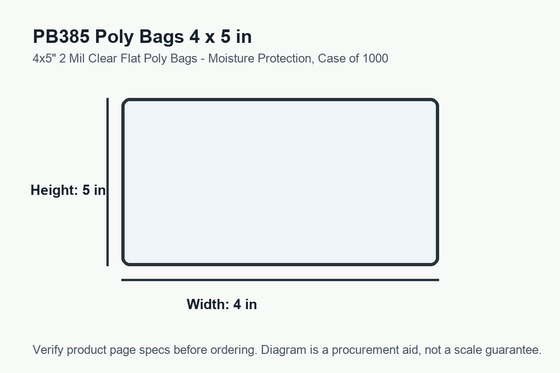 PB385 dimension diagram showing 4 x 5 inch poly bags.