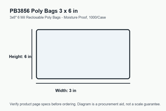 PB3856 dimension diagram showing 3 x 6 inch poly bags.