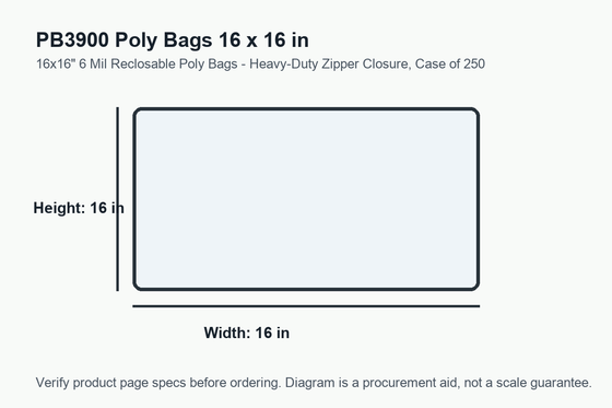 PB3900 dimension diagram showing 16 x 16 inch poly bags.
