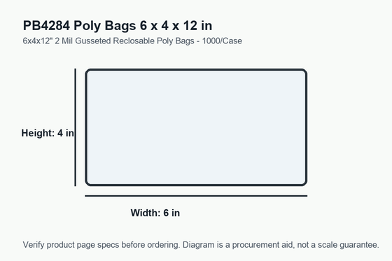PB4284 dimension diagram showing 6 x 4 x 12 inch poly bags.