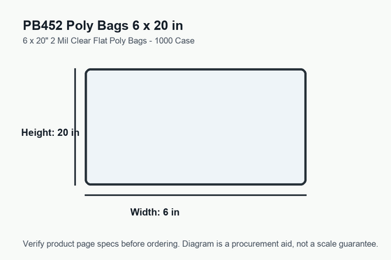 PB452 dimension diagram showing 6 x 20 inch poly bags.