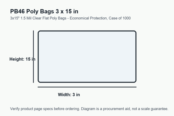PB46 dimension diagram showing 3 x 15 inch poly bags.