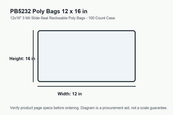 PB5232 dimension diagram showing 12 x 16 inch poly bags.