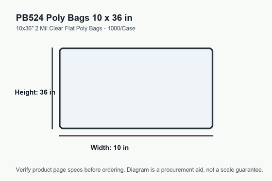 PB524 dimension diagram showing 10 x 36 inch poly bags.
