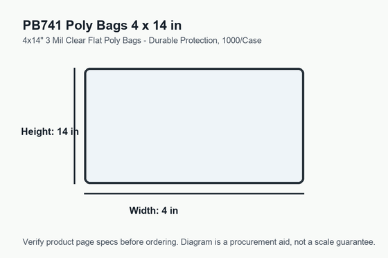 PB741 dimension diagram showing 4 x 14 inch poly bags.