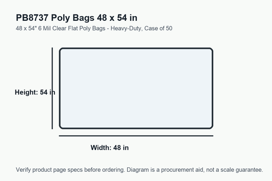 PB8737 dimension diagram showing 48 x 54 inch poly bags.