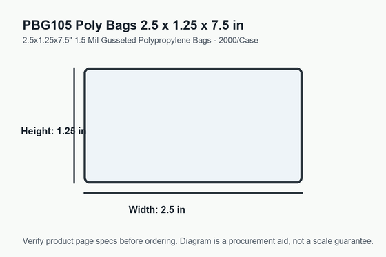 PBG105 dimension diagram showing 2.5 x 1.25 x 7.5 inch poly bags.