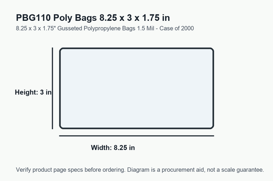 PBG110 dimension diagram showing 8.25 x 3 x 1.75 inch poly bags.