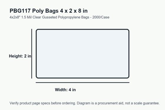 PBG117 dimension diagram showing 4 x 2 x 8 inch poly bags.