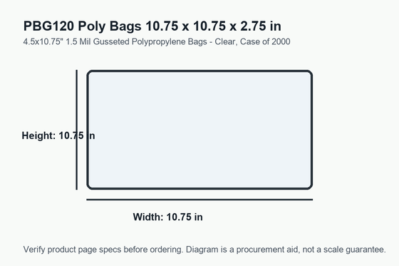 PBG120 dimension diagram showing 10.75 x 10.75 x 2.75 inch poly bags.