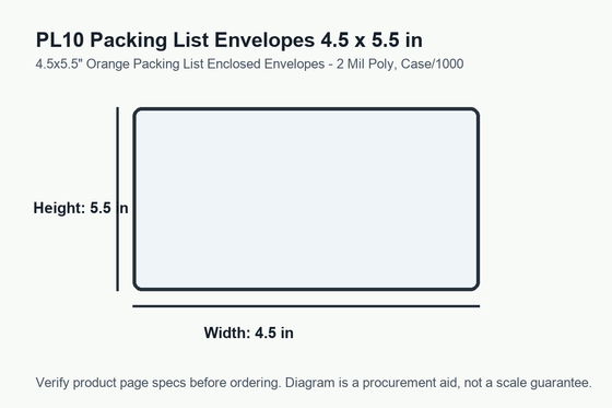 PL10 dimension diagram showing 4.5 x 5.5 inch packing list envelopes.