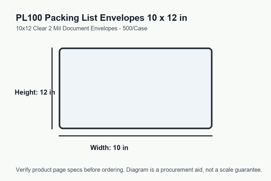 PL100 dimension diagram showing 10 x 12 inch packing list envelopes.