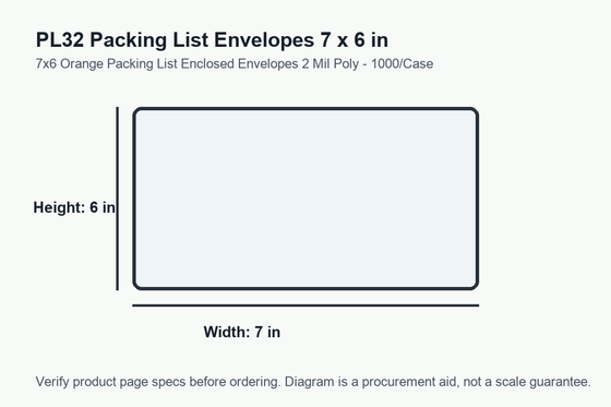 PL32 dimension diagram showing 7 x 6 inch packing list envelopes.