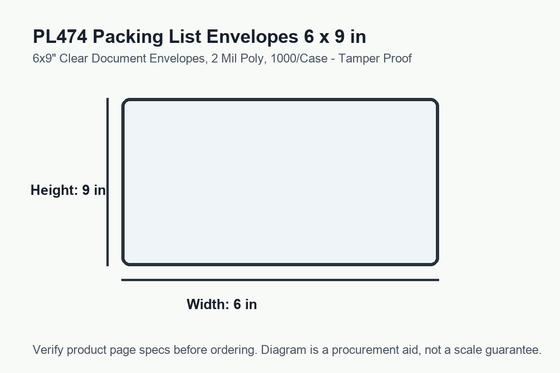 PL474 dimension diagram showing 6 x 9 inch packing list envelopes.