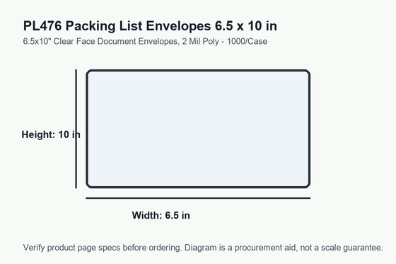 PL476 dimension diagram showing 6.5 x 10 inch packing list envelopes.
