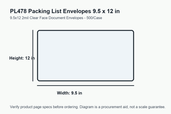 PL478 dimension diagram showing 9.5 x 12 inch packing list envelopes.