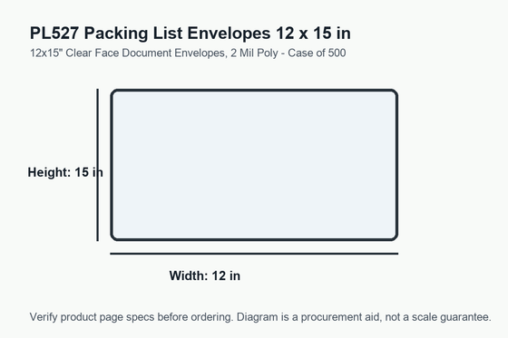 PL527 dimension diagram showing 12 x 15 inch packing list envelopes.