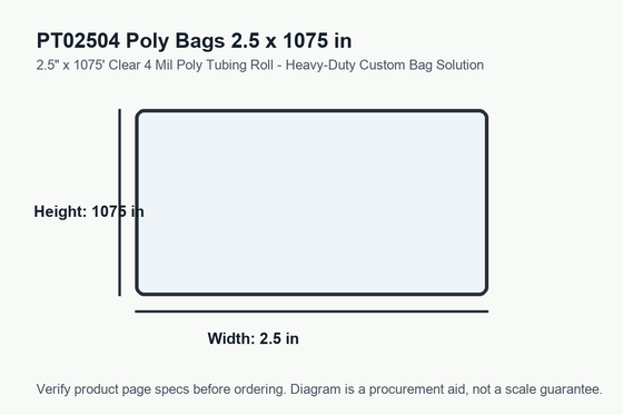 PT02504 dimension diagram showing 2.5 x 1075 inch poly bags.