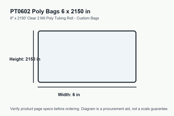 PT0602 dimension diagram showing 6 x 2150 inch poly bags.