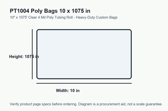 PT1004 dimension diagram showing 10 x 1075 inch poly bags.