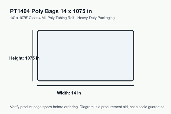 PT1404 dimension diagram showing 14 x 1075 inch poly bags.