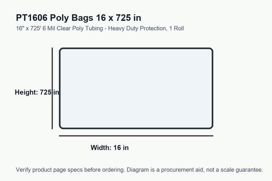 PT1606 dimension diagram showing 16 x 725 inch poly bags.