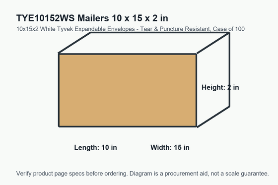 TYE10152WS dimension diagram showing 10 x 15 x 2 inch mailers.