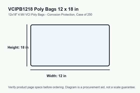VCIPB1218 dimension diagram showing 12 x 18 inch poly bags.