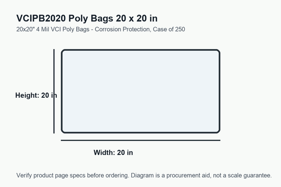 VCIPB2020 dimension diagram showing 20 x 20 inch poly bags.