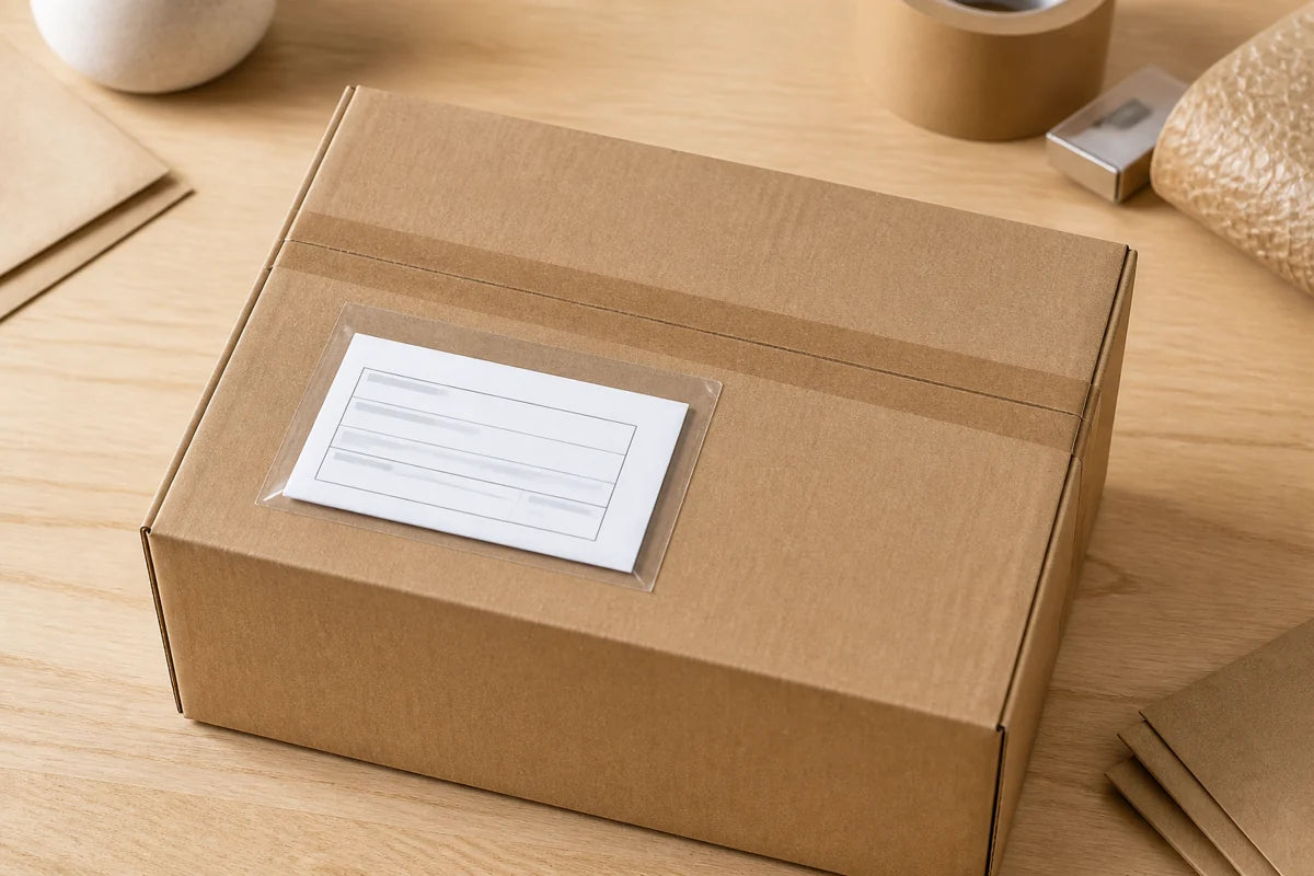 AI-created illustration of a clear packing-list envelope holding a folded slip on a shipping carton