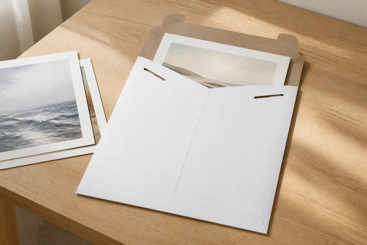 AI-created illustration of a white tab-lock chipboard mailer holding a flat art print on a packing table